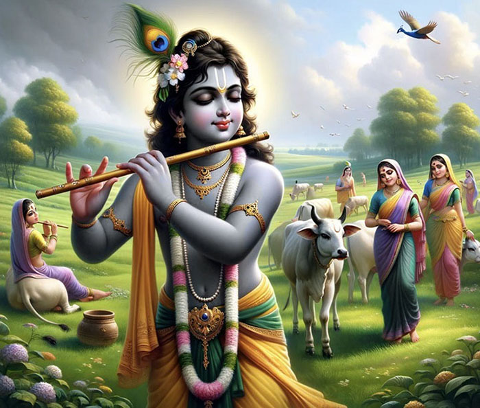Young Krishna with his gopis in cow pasture