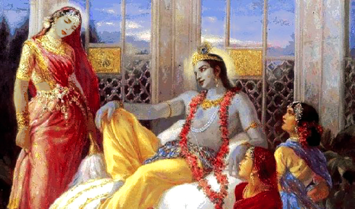 Lord Krishna and Queen Rukmini in Dwarka palace